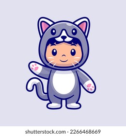Cute Kid Wearing Cat Costume Cartoon Vector Icon Illustration. People Animal Icon Concept Isolated Premium Vector. Flat Cartoon Style