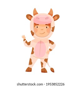 Cute Kid Wearing Cow Costume Role Playing and Having Fun Vector Illustration