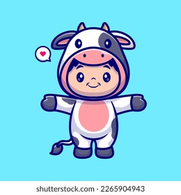 Cute Kid Wearing Cow Costume Cartoon Vector Icon Illustration. People Animal Icon Concept Isolated Premium Vector. Flat Cartoon Style