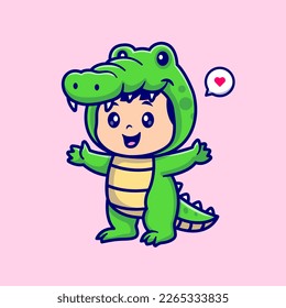 Cute Kid Wearing Crocodile Costume Cartoon Vector Icon Illustration. People Animal Icon Concept Isolated Premium Vector. Flat Cartoon Style