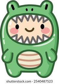 Cute kid wearing a crocodile costume, illustrated in kawaii style