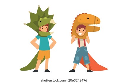 Cute Kid Wearing Dinosaur Costume as Carnival Outfit Vector Set