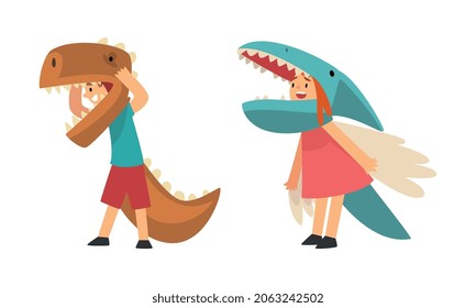 Cute Kid Wearing Dinosaur Costume as Carnival Outfit Vector Set