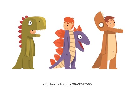 Cute Kid Wearing Dinosaur Costume as Carnival Outfit Vector Set