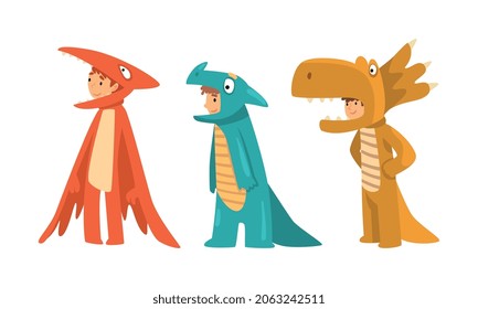 Cute Kid Wearing Dinosaur Costume as Carnival Outfit Vector Set
