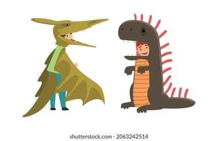 Cute Kid Wearing Dinosaur Costume as Carnival Outfit Vector Set