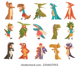 Cute Kid Wearing Dragon or Dinosaur Costume as Carnival Outfit Big Vector Set