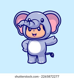Cute Kid Wearing Elephant Costume Cartoon Vector Icon Illustration. People Animal Icon Concept Isolated Premium Vector. Flat Cartoon Style