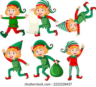 Cute kid wearing elf costume cartoon set illustration