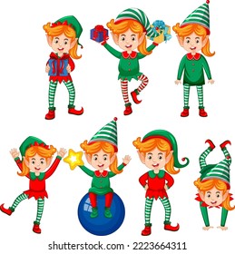 Cute kid wearing elf costume cartoon set illustration