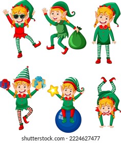 Cute kid wearing elf costume cartoon set illustration