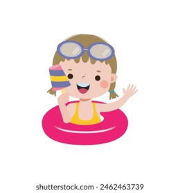 Niño lindo que lleva el anillo de la carroza y que come helado en la fiesta de la piscina, Ilustración vectorial plana del estilo del personaje de dibujos animados sobre fondo blanco