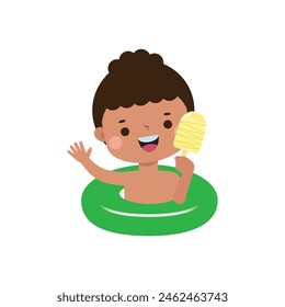 Cute kid wearing float ring and eating ice cream in Pool party, cartoon character flat style vector illustration on white background