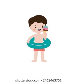 Cute kid wearing float ring and eating ice cream in Pool party, cartoon character flat style vector illustration on white background