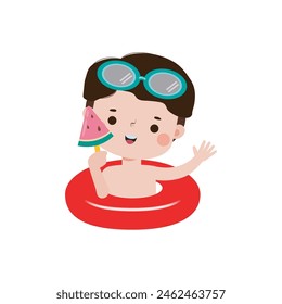 Cute kid wearing float ring and eating ice cream in Pool party, cartoon character flat style vector illustration on white background