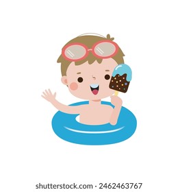 Cute kid wearing float ring and eating ice cream in Pool party, cartoon character flat style vector illustration on white background