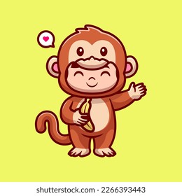 Cute Kid Wearing Monkey Costume With Banana Cartoon Vector Icon Illustration. People Animal Icon Concept Isolated Premium Vector. Flat Cartoon Style