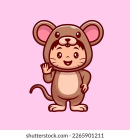 Cute Kid Wearing Mouse Costume Cartoon Vector Icon Illustration. People Animal Icon Concept Isolated Premium Vector. Flat Cartoon Style