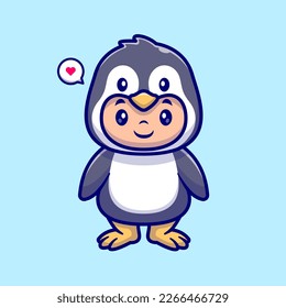 Cute Kid Wearing Penguin Costume Cartoon Vector Icon Illustration. People Animal Icon Concept Isolated Premium Vector. Flat Cartoon Style