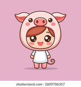 Cute Kid Wearing Pig Costume Cartoon Vector Icon Illustration. People Animal Icon Concept Isolated Premium Vector. Flat Cartoon Style