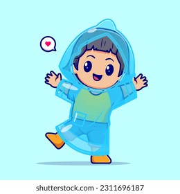 Cute Kid Wearing Raincoat Cartoon Vector Icon Illustration. People Nature Icon Concept Isolated Premium Vector. Flat Cartoon Style