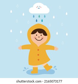 Cute Kid Wearing Raincoat Kid Playing In The Rain