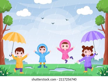 Cute Kid Wearing Raincoat, Rubber Boots and Carrying Umbrella In the Middle of Rain Showers. Flat Background Cartoon Vector Illustration for Banner or Poster