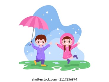 Cute Kid Wearing Raincoat, Rubber Boots and Carrying Umbrella In the Middle of Rain Showers. Flat Background Cartoon Vector Illustration for Banner or Poster