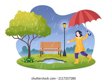 Un chico lindo vistiendo un abrigo, unas botas de goma y llevando paraguas en medio de las lluvias. Ilustración de vectores de caricatura de fondo plano para pancarta o afiche