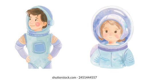 cute kid wearing space suit watercolor vector illustration