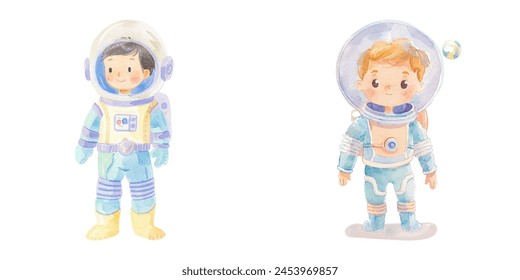 cute kid wearing space suit watercolor vector illustration