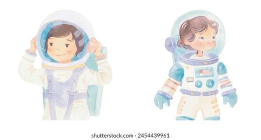 cute kid wearing space suit watercolor vector illustration 