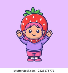 Cute Kid Wearing Strawberry Costume Cartoon Vector Icon Illustration. People Food Icon Concept Isolated Premium Vector. Flat Cartoon Style