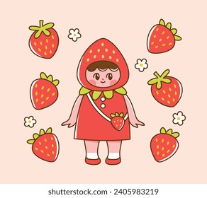 Un chico lindo vestido de fresa. Ilustración vectorial de una mascota de frutas adorable y fresas alrededor. Elementos dibujados a mano en colorido estilo caricatura.