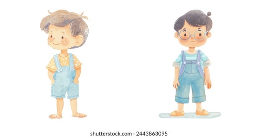 cute kid wearing summer outfit watercolor vector illustration