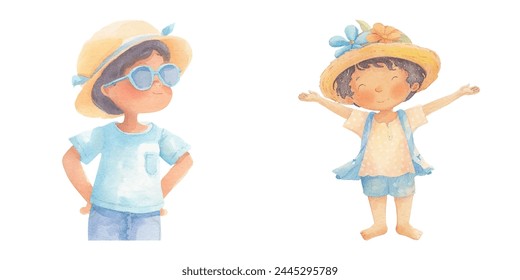 cute kid wearing summer outfit watercolor vector illustration 