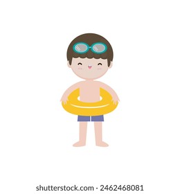 Cute kid wearing swimsuit with float ring on the beach, cartoon character flat style vector illustration on white background