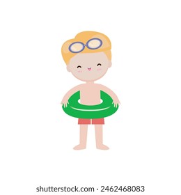 Cute kid wearing swimsuit with float ring on the beach, cartoon character flat style vector illustration on white background