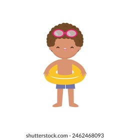 Cute kid wearing swimsuit with float ring on the beach, cartoon character flat style vector illustration on white background
