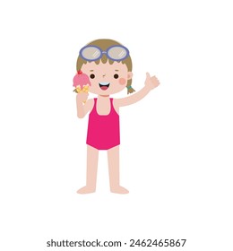 Cute kid wearing swimsuit with ice cream on the beach, cartoon character flat style vector illustration on white background