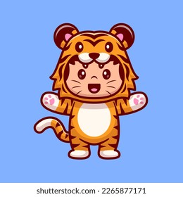 Cute Kid, Wearing Tiger Costume Cartoon Vector Icon Illustration. People Animal Icon Concept Isolated Premium Vector. Flat Cartoon Style