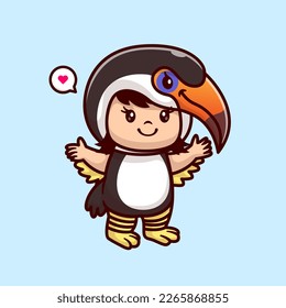 Cute Kid Wearing Toucan Bird Costume Cartoon Vector Icon Illustration. People Animal Icon Concept Isolated Premium Vector. Flat Cartoon Style