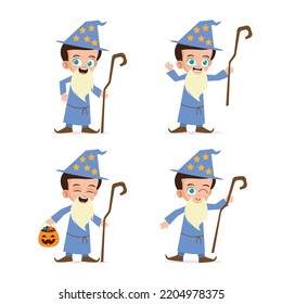 Cute Kid Wearing Wizard Costume for Halloween Vector Illustration