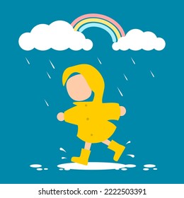 Cute kid wearing yellow raincoat and boots walking in puddle water rain with rainbow rainy season cartoon character on blue background icon flat vector design.
