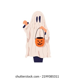 Cute kid in white ghost costume celebrating Halloween. Spooky child with pumpkin candy bucket doing trick or treat. Helloween phantom character. Isolated flat graphic vector illustration