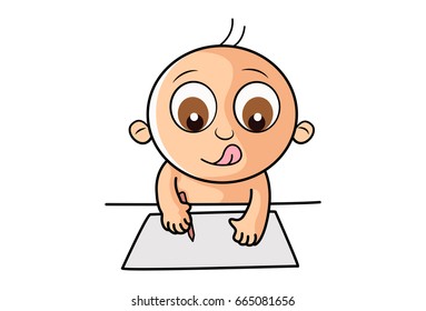 Cute Kid writing. vector Illustration. Isolated on white background.