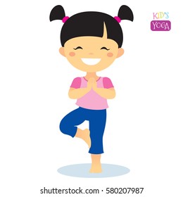 Cute kid in yoga pose on white background. Vector illustration.