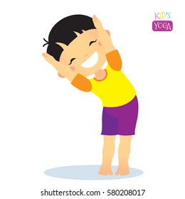 Cute kid in yoga pose on white background. Vector illustration.
