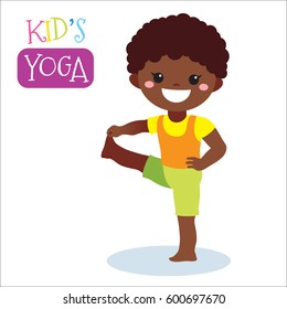 Cute kid in yoga pose on white background. Vector illustration.