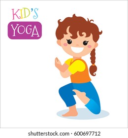 Cute kid in yoga pose on white background. Vector illustration.